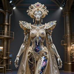 a incredible elegant hollow bionic art nouveau alien galaxy japanese pearl queen superhero, galaxy with ornate jewelled, sci - fi, high - tech, the met museum, streamlined, futuristic, spot lighting, led, photorealistic, high detailed, concept art, exquisite aristocratic, industrial factory by leonardo da vinci rendered in octane 8 k