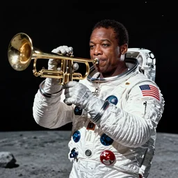 a photo of louis armstrong wearing a space suit on the moon, holding a trumpet, by greg manchess and john singer sargent and jonathan yeo, dramatic lighting, highly detailed