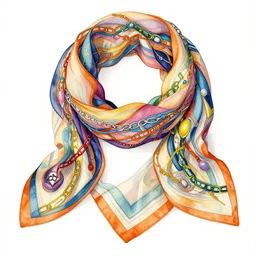 illustrated scarf in the style of hermes, colorful ribbons and chains, surreal, abstract, colorful, detailed art, illustration style, watercolor