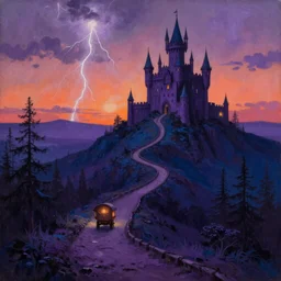 oil painting of a dark purple steep and zig - zag path. a violet evil fantasy giger style castle over a high dark blue hill at night. orange to pink gradient sky and thunderstorm background. forest underneath. glowing wagon on the path