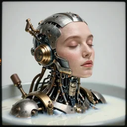 a hyperrealistic fine art portrait photo of a mechanical industrial steampunk cybernetic human peering out calmly from a bath of milk, by Annie Leibovitz, smooth shapes and lines, vignette, 35mm lens, golden ratio composition, studio photography, closed eyes, very detailed, artstation, 8K, highly coherent
