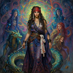 sublimely attractive dreadlocked pirate goddess clothed female priestess dragon born assassins of the mystic unity, fine silk draped over form, hindu see through clothing, psychedelic patterns, fractal background, interconnected illusion, illustrative character design, concept art, tales of earthsea, sky witch, colorful, matte painting, soft illumination, painting by gaston bussiere, craig mullins, j. c. leyendecker, tom of finland