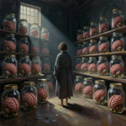 painting of a migo in a dark room full of jars with brains in them