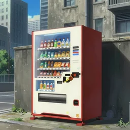 vending machine in a street next to tall buildings, a matte painting by satoshi kon, cgsociety, context art, greeble, toonami, reimagined by industrial light and magic, ultra wide