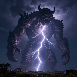 beautiful lightning thunder on the night sky with giant monster behind, stylized, artgerm, artstation, hd, cgsociety, cgi, realistic, dramatic, cinematic, artistic, trending, detailed