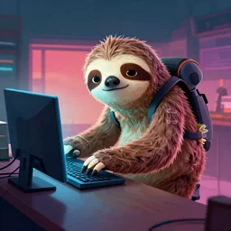 sloth working on pc as apex legends character, digital illustration portrait design, by android jones and greg rutkowski, retrowave color scheme, detailed, cinematic lighting, wide angle action dynamic portrait
