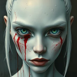 a hyper detailed and abstract portrait of albino model, eyes with cool expression, beautiful symmetrical face, award winning painting, brush splashes of blood, artwork by chiara bautista and beksinski and norman rockwell and greg rutkowski, tom bagshaw weta studio, and lucasfilm