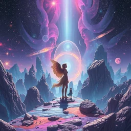 a psychedelic landscape at the edge of the known universe, astral beings sharing love in the style of greg rutkowski and wlop and lisa frank and bob ross and ruan jia, illustration, epic, fantasy, hyper detailed, smooth, clear, ray traced