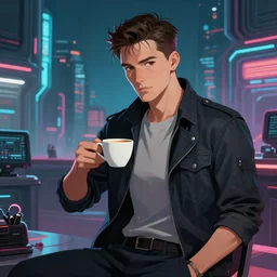handsome startup CEO having a cup of coffee. sci-fi cyberpunk!!!!!!!! concept art