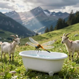 dragonfly in a bathtub in the alps, goats!!!!! on the grass