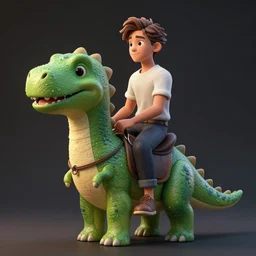a man sitting in a saddle on the back of a green dinosaur, adorable and whimsical, volumetrics, fantasy, elegant, behance, unreal engine, octane render, sharp focus, high contrast, illustration, art by justin gerard