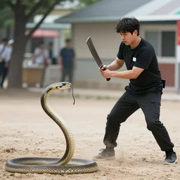 korean man attacks snake with machete