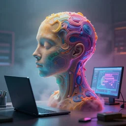 the mind is leaving the body of a computer by mia brownell, art by anna hotchkis, antonio saura, very detailed, maximalism, ambient occlusion, volumetric light, atmospheric haze, hyper realism, futuristic but colorful shading, cinematic composition, realistic render, photography, wide shot