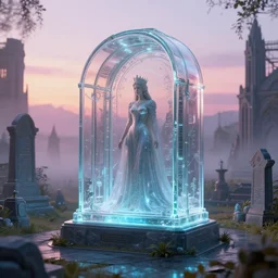 large glowing glass cyberpunk tombstone containercasket preserving body of last human female queen inside futuristic gothic sci - fi graveyard terrarium cemetery, serene morning mist, pastel sunrise, volumetric lighting, octane render | by william - adolphe bouguereau, gerald brom, gustave dore, beeple