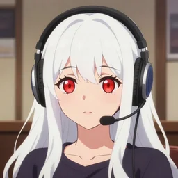 anime visual of a cute girl with red eyes and long white hair wearing a headset in her room interior!!!!!!, poster by ilya kuvshinov, trending on artstation, flat cel shaded, finely detailed face features,