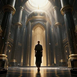 consciousness leaving the body in a gigantic futuristic mosque, 3 d artwork by billelis, render by antoni tudisco,, very detailed, maximalism, ambient occlusion, volumetric light, sun beam, hyper realism, realistic shading, futuristic black and gold composition, artistic photography by herb ritts