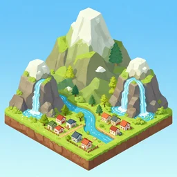3 d isometric map with a mountain at the top, water falls on both sides of the mountain, and houses below with a river between them. sky blue background