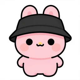award winning simple vector art, anthropomorphic pink rabbit character wearing a black bucket hat. Cute, kawaii, Cooky, bt21, unistar Naver inspired. Beautiful artwork, Rabbt_character, cute mascot, rabbit_bunny, 獣, iconic character, detailed, 4K high resolution quality artstyle by artgerm, Guweiz, Pixiv, Instagram, dribbble, ArtstationHD