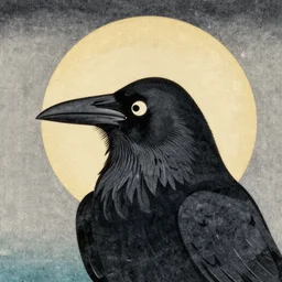 “stylized Japanese woodblock depicting a raven with a halo behind its head.”