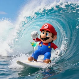 head on view medium shot of mario drinks a big fancy martini and surfs inside the tube of a very large wave. the wave is about to collapse. highly detailed, professional high quality 4 k, action shot, dramatic lighting, unreal, cinematic, photorealistic, 3 d render