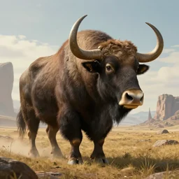 highly detailed portrait photo of a huge Mûmakil with the head of a musk ox, wandering through a scenic dystopian steppe, hyperrealistic Illustration