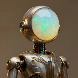 art deco robot with a round polished opal head, ful body, concept art, artstation trending, high detail, warm light