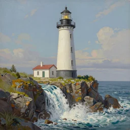 a painting of a lighthouse with a waterfall in front of it, a detailed matte painting by tyler edlin, featured on cgsociety, arts and crafts movement, artstation hq, unreal engine 5, unreal engine
