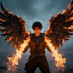 photo of a man with flaming black wings and shooting fire out of his hands