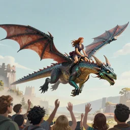 Sigrid riding on the back of a dragon flying above an audience.