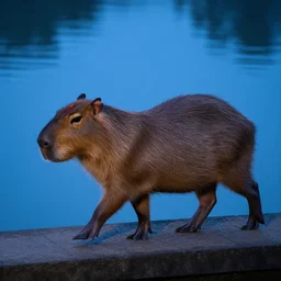 a capybara walking across a bridge, blue hour