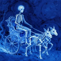 electric blue by yoshitaka amano. the experimental art features a human figure driving a chariot. the figure is skeletal & frail, with a large head & eyes. the chariot is pulled by two animals, which are also skeletal & frail.