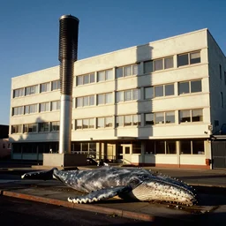 photograph of a mid century office building with a tesla coil and a dead whale kodachrome sunshine washed out