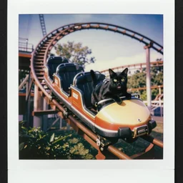 happy black cat on a rollercoaster looping. focus on the cat. sunlight. polaroid photo. vivid colors.