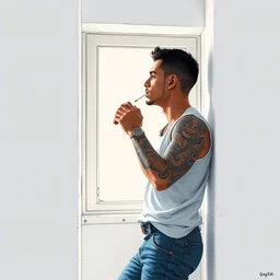a tattooed young and thin latino guy looking out a white room wearing a sleeveles shirt and blue jeans, short hair, tattoos, smoking, illustration, detailed, natural light, wide angle lens, art by greg rutkowski