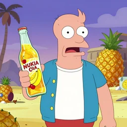 happy doomguy from futurama holding a bottle of delicious pineapple, cherry & banana flavoured nuka cola, post apocalypse, unreal engine, retro futurism, dieselpunk, 3 d art, concept art, highly detailed, pop art, by artgerm and jakub rozalsky