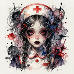 watercolor cartoon grunge portrait of a creepy horror nurse girl . intricate abstract. intricate artwork. nightmare fuel. terrifying. by zdzisław Beksiński, wlop, dan mumford , trending on artstation, greg rutkowski very coherent symmetrical artwork. cinematic, hyper realism, high detail, octane render, 8k