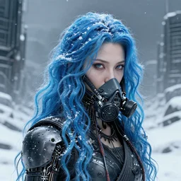 highly detailed portrait of wasteland wavy blue hair metalic frost cyber samurai respirator thin lady, stray wiring by atey ghailan, james gilleard, by joe fenton, by greg rutkowski, by greg tocchini, by kaethe butcher, 4 k resolution, gradient blue, cyan, black and white color scheme!!! ( ( snowy glaciated robotic dystopian city background ) )