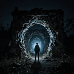 1 8 2 0's photo from distance of a man opening a portal to another dimension at night, moody, dark, damage