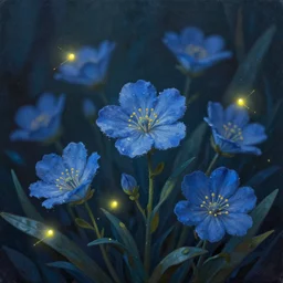 beautiful _ digital _ matte sharp focud _ painting _ of _ whimsical _ botanical _ illustration _ blue _ flowers _ fireflies _ enchanted _ dark _ background _ whimsical _ scene _ b _ - h 7 6 8