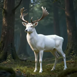 a white stag in the forest, fantasy, unreal engine, dramatic lighting