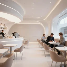 interior of a futuristic cafe, roger broders, hein schulz neudamm, ( ( giuseppe riccobaldi ) ), volumetric, dynamic pose, detailed, matte print, dramatic lighting, risograph, halftone texture, unreal engine, warm colors
