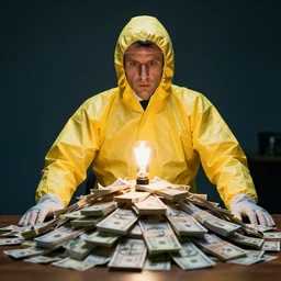 photo of Emmanuel macron in a yellow hazmat in front of a big pile of cash on a table, bulb lighting, cinematic