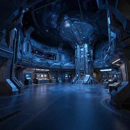 a cosmic space themed museum room, inside a spacecraft, technological, future style, dark, h. r. giger, blue color scheme, low poly, level design, sharp focus, concept art, intricate, smooth, dynamic, subsurface scattering, wide angle, horizontal orientation, very coherent, hyper realism, behance, ray tracing, 3 d render, 8 k