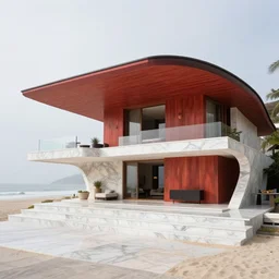 curved roof planes lift and descend creating shade and architectural expression, highly detailed, situated on a beach, marble, vivid color, high resolution photography, mist, luxury house