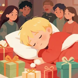 seven year old with short blonde hair, asleep at christmas. surrounded by gifts. high quality detailed face. clean cel shaded vector art. shutterstock. behance hd by lois van baarle, artgerm, helen huang, by makoto shinkai and ilya kuvshinov, rossdraws, illustration, art by ilya kuvshinov