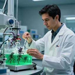 professional shot of a scientist thin ( latino ) male in his biotech lab, developing starcraft's zerg aliens inside his bioreactors with green culture media inside. from love death and robots ( 2 0 1 9 ). coherent portrait, intricate, elegant, highly detailed, digital photo, trending on artstation, hdr photo, smooth, sharp focus