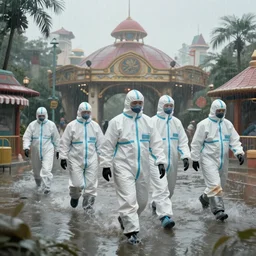 people wearing hazmat suits walking through a flooded theme park, matte painting, concept art, trending on artstation, by craig mullins