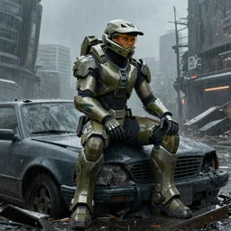 character portrait of a woman in halo infinite mjolnir mark 6 spartan armor sitting on top of a broken car in a desolate cyberpunk wasteland city, 8 k, realistic shading, concept art, digital painting, illustration, matte painting, moody lighting, sharp focus, minimal artifacts, wet, heavy rain, rainstorm