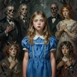 a young girl in a blue dress hallucinating, horror, highly detailed, character portrait, digital painting, artstation, concept art, matte, sharp focus, illustration, art by artgerm and greg rutkowski and michael whelan and gustave dore and alphonse mucha