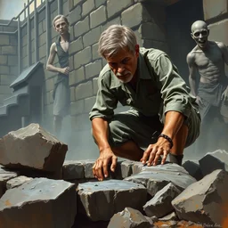 norman reedus is crouching and is building a well out of rocks, in the prison - yard. scary zombies are watching him. full - color painting by norman rockwell ; detailed facial - features ; highly - detailed.
